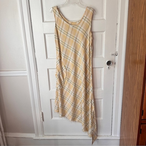 Linen Blend Sundress Yellow Plaid Asymmetrical Frayed Hem Boho Academia Maxi - Picture 10 of 17